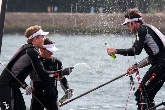 7 crew celebrate win after the race - Giltinan 18ft Skiff Championship 2012 © Frank Quealey /Australian 18 Footers League http://www.18footers.com.au